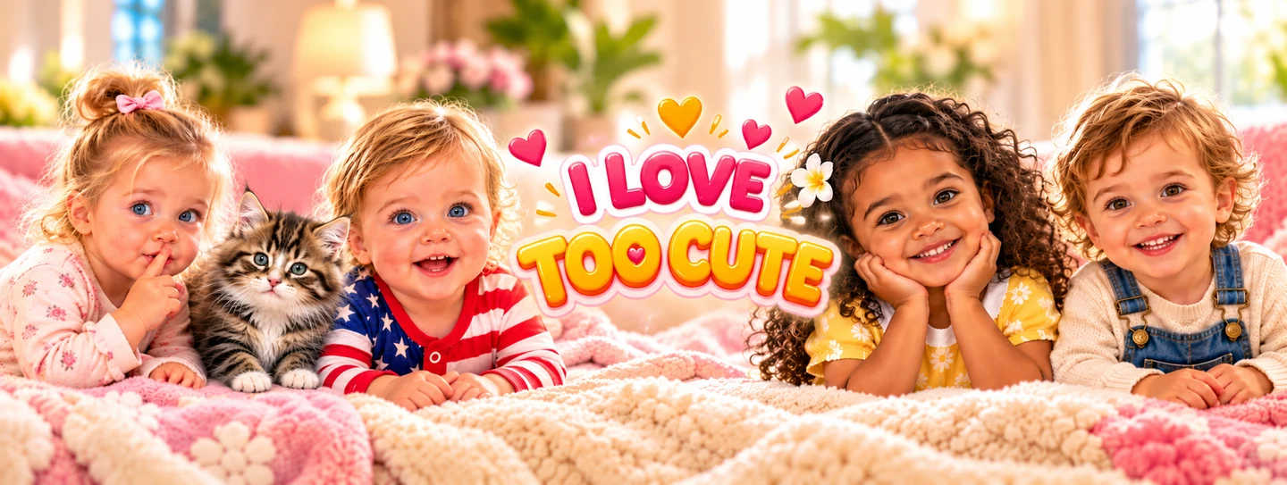 I Love Too Cute artwork featuring four smiling babies and toddlers beside a fluffy tabby kitten, with pink and golden hearts.
